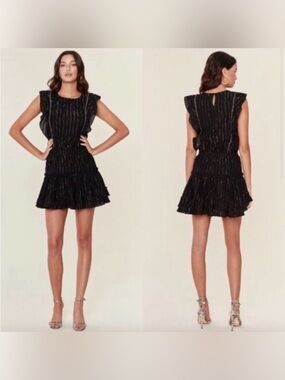 MISA Los Angeles Black Metallic Ruffle Mini Dress Size S